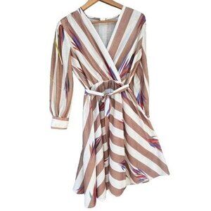 Tan & White Striped V-Neck Dress with Belt Tie - Effortless Elegance!